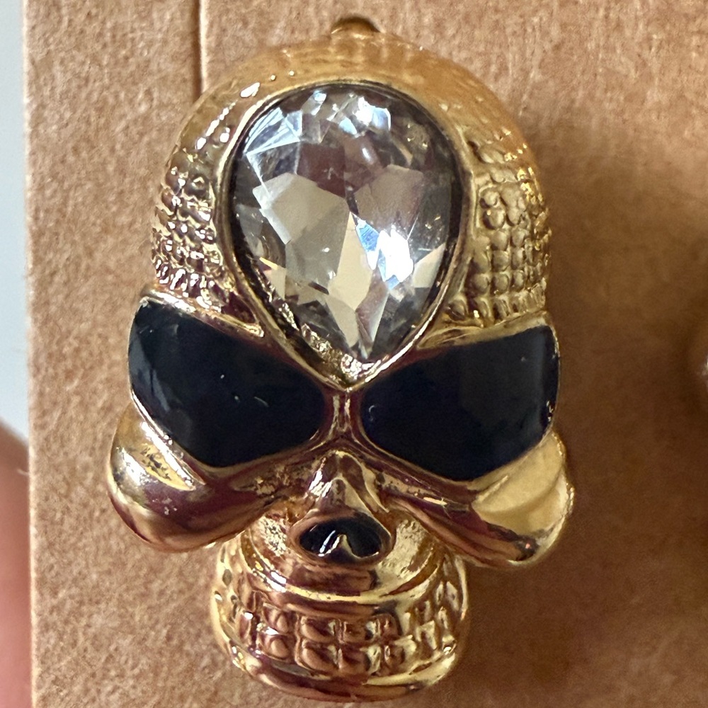 Gold and Black w/clear Rhinestone Skull Stud Earrings - Picture 3 of 5